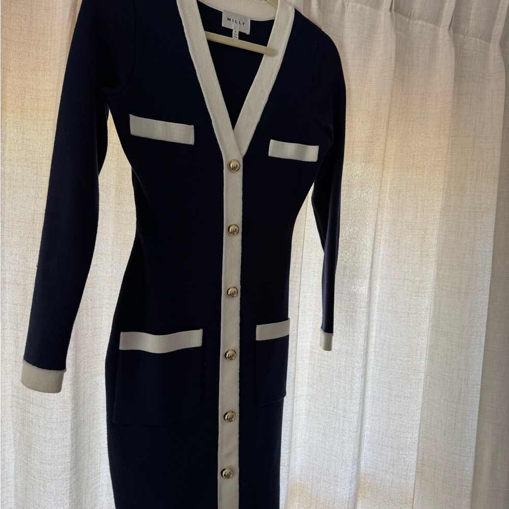 Milly Long Sleeve Navy and Cream Dress with Gold Buttons